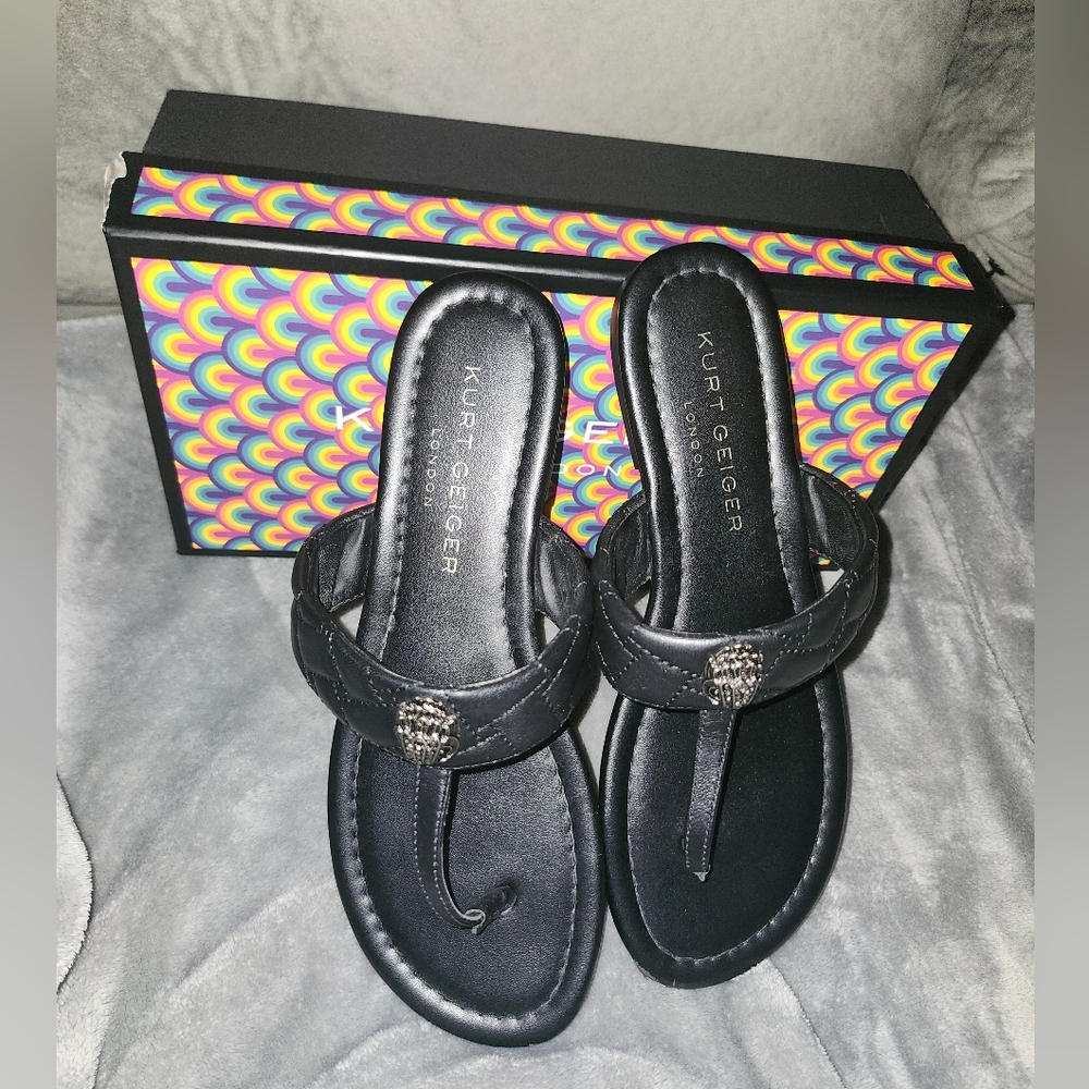 Kurt Geiger Black Sandals with Silver Accent - Kensington T-Bar Sandal
